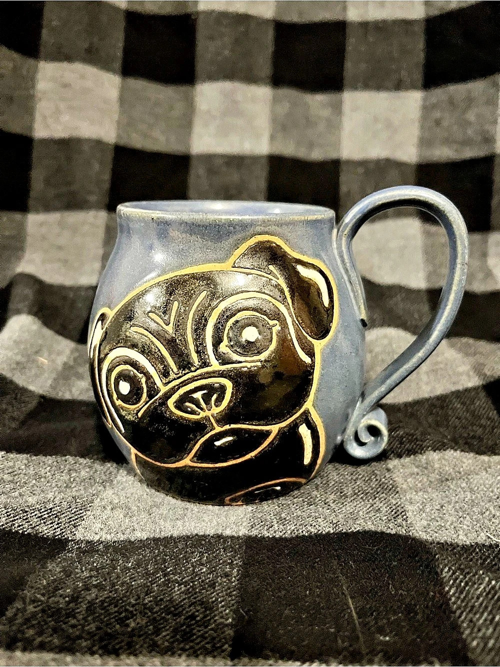 Susan Altenau Pottery Handmade Black Pug Pottery Mug Blue & Black